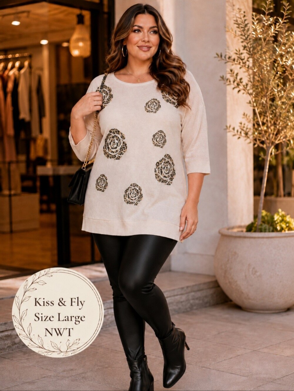 Kiss & Fly NWT Cream Leopard Rose Glitter Sweater Tunic | Size Large